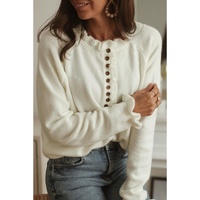 Beige Frill Trim Buttoned Knit Pullover Sweater - L thumbnail