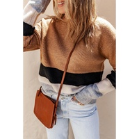 Azura Exchange Brown Color Block Striped Ribbed Knit Sweater - L thumbnail