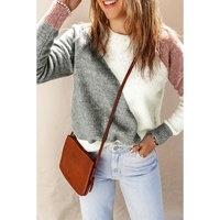 Gray Colorblock Ribbed Trim Round Neck Sweater - L thumbnail