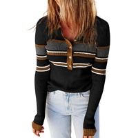 Black Rib Knitted Stripe Detail Henley Sweater - XL thumbnail