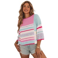 Pink Color Block Striped Three-Quarter Sleeve Knitted Top - M thumbnail