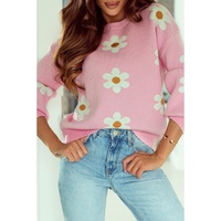 Pink Floral Pattern Drop Shoulder Sweater - L thumbnail