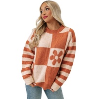 Brown Checkered Floral Print Striped Sleeve Sweater - S thumbnail