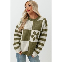 Green Checkered Floral Print Striped Sleeve Sweater - S thumbnail
