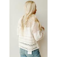 White Solid Color Pointelle Knit Puff Sleeve Sweater - L thumbnail