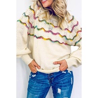 White Wavy Striped Pointelle Bishop Sleeve Sweater - S thumbnail