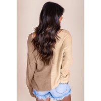 Khaki Long Sleeve V-Neck Colorblock Sweater - M thumbnail