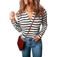 Stripe Collared V Neck Lightweight Knit Casual Sweater - S thumbnail