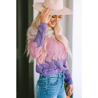 Pink Color Block Hollow Knitted Loose Sweater - L thumbnail