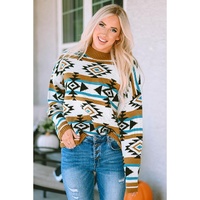Brown Aztec Striped Knit Ribbed Trim Sweater - L thumbnail