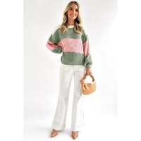 Green Colorblock Drop Shoulder Pullover Loose Sweater - L thumbnail