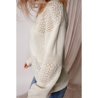 White Eyelet Pattern Detail V Neck Drop Shoulder Sweater - L thumbnail