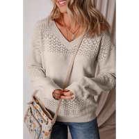 Brown Eyelet Pattern Detail V Neck Drop Shoulder Sweater - M thumbnail