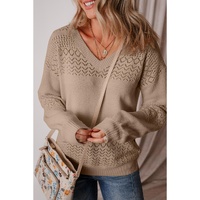 Camel Eyelet Pattern Detail V Neck Drop Shoulder Sweater - 2XL thumbnail