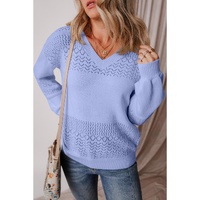 Sky Blue Eyelet Pattern Detail V Neck Drop Shoulder Sweater - M thumbnail