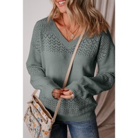 Mist Green Eyelet Pattern Detail V Neck Drop Shoulder Sweater - S thumbnail