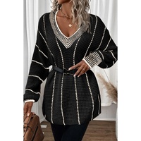 Black Colorblock Striped V Neck Knitted Loose Sweater - XL thumbnail