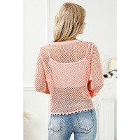 Pink Hollowed Eyelets Knit Bell Sleeve Sweater - M thumbnail