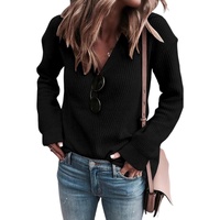 Black Ribbed Knit V Neck Sweater - L thumbnail
