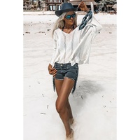 White Hollowed Detail Knitted Loose V Neck Sweater - L thumbnail