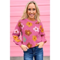 Pink Sweet Flower Knitted Ribbed Hem Sweater - S thumbnail