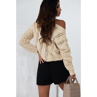 Khaki Eyelets Cable Knit Drop Shoulder Sweater - M thumbnail
