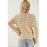 Khaki Hollowed Knit Asymmetric Drawstring Sweater - M thumbnail