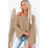 Brown Exposed Seam Ribbed Knit Dolman Top - S thumbnail