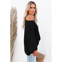 Black Exposed Seam Ribbed Knit Dolman Top - L thumbnail