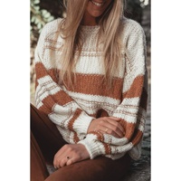 White Striped Knit Puff Sleeve Casual Sweater - S thumbnail