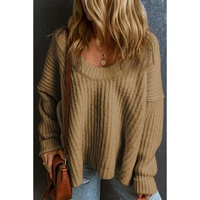 Khaki Ribbed Knit Round Neck Slouchy Chunky Sweater - L thumbnail
