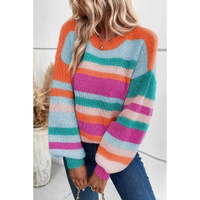 Multicolor Striped Knit Drop Shoulder Puff Sleeve Sweater - M thumbnail