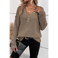Khaki Pointelle Knit Button V Neck Drop Shoulder Sweater - XL thumbnail