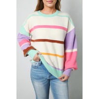 Multicolor Striped Colorblock Drop Shoulder Sweater - L thumbnail