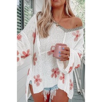 White Floral Print Lightweight Knit Hooded Sweater - S thumbnail