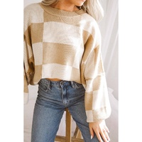 Khaki Checkered Bishop Sleeve Sweater - L thumbnail