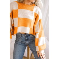 Orange Checkered Bishop Sleeve Sweater - L thumbnail