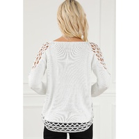 White Solid Scoop Neck Hollow Out Sweater - S thumbnail