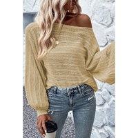 Apricot Lantern Sleeve Eyelets Textured Knit Sweater - S thumbnail