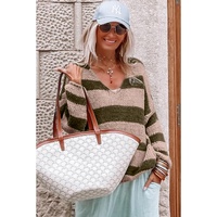 Green Striped Colorblock Knit V Neck Loose Fit Sweater - M thumbnail