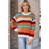 Multicolor Color Block Striped Loose Sleeve Sweater - L thumbnail