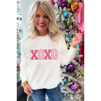 White XOXO Glitter Print Round Neck Casual Sweater - L thumbnail