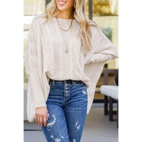 Beige Ribbed Hollow Knit Dolman Sleeve Sweater - M thumbnail