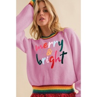 Bonbon Merry & Bright Colorful Stripes Trim Sweater - L thumbnail