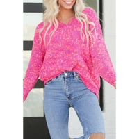 Dark Pink Colorful Spots Knitted V Neck Casual Sweater - S thumbnail