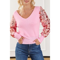 Pink Contrast Sequin Sleeve V Neck Ribbed Knit Sweater - M thumbnail