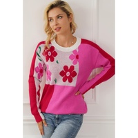 Rose Red Floral Mixed Color Block Sweater - L thumbnail