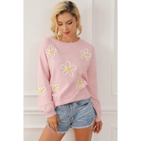 Pink Chenille Daisy Stitching Crew Neck Sweater - L thumbnail