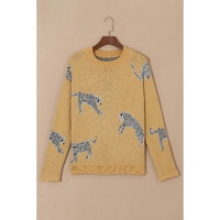 Camel Fuzzy Cheetah Accent Round Neck Sweater - L thumbnail