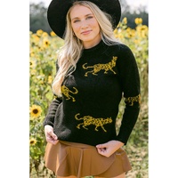 Black Cheetah Pattern Knit Round Neck Sweater - XL thumbnail